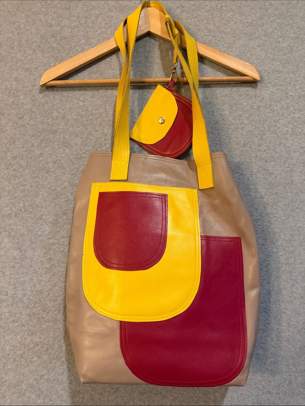 Colorblock Leather Tote with Yellow and Red Accents